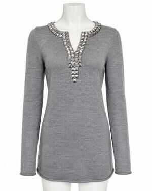 Tory Burch Gray 100% Merino Wool Studded Tunic Sweater Women’s Small S
